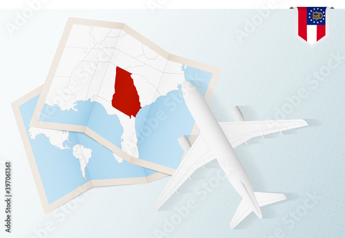 Travel to Georgia, top view airplane with map and flag of Georgia.