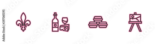 Set line Fleur De Lys, Macaron cookie, Wine bottle with cheese and Easel or painting art boards icon. Vector.