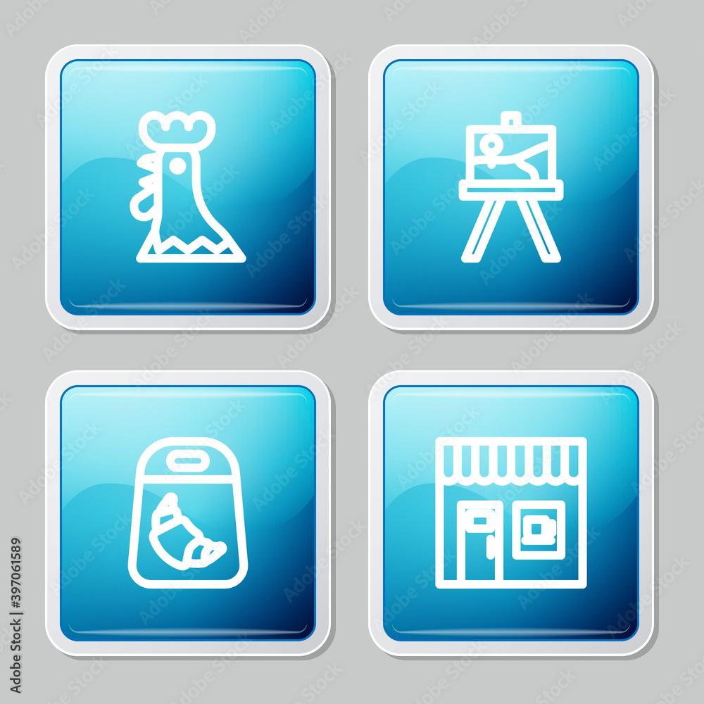 Set line French rooster, Easel or painting art boards, Croissant package and Coffee shop icon. Vector. Set line French rooster, Easel or painting art boards, Croissant package and Coffee shop icon. Vector.