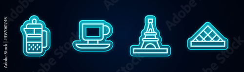 Set line French press, Coffee cup, Eiffel tower and Louvre museum. Glowing neon icon. Vector.