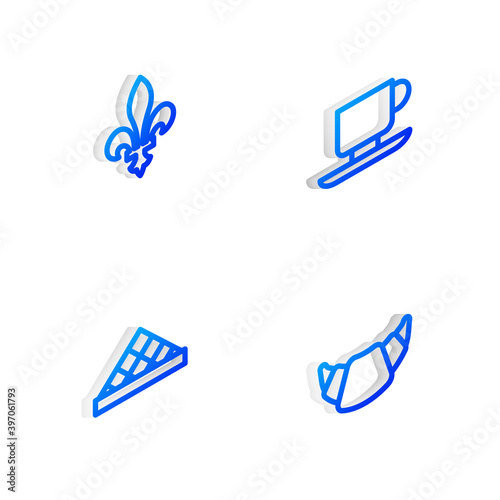 Set Isometric line Coffee cup, Fleur De Lys, Louvre museum and Croissant icon. Vector.