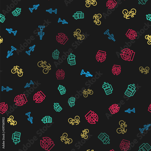 Set line Street light, French press, Bicycle and Gargoyle on pedestal on seamless pattern. Vector.