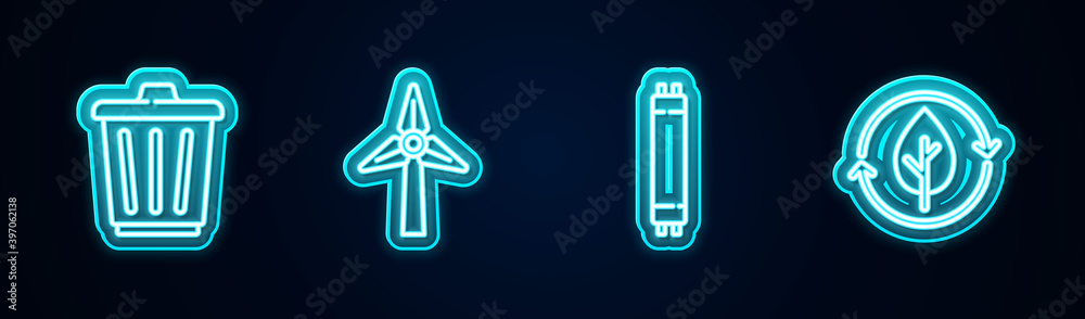 Set line Trash can, Wind turbine, Fluorescent lamp and Recycle and leaf. Glowing neon icon. Vector. Set line Trash can, Wind turbine, Fluorescent lamp and Recycle and leaf. Glowing neon icon. Vector.