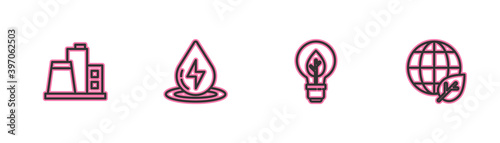 Set line Factory, Light bulb with leaf, Water energy and Earth globe and icon. Vector.