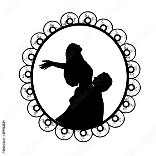 Silhouette in frame of man raises woman in his arms.