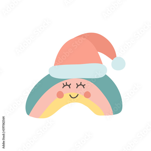 Cute Christmas rainbow with santa hat. Baby shower sticker. Unique hand drawn rainbow. Kid nursery icon in pastel color. Lovely cartoon rainbow for wallpaper, wrapping, apparel. Vector illustration