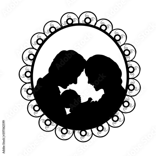 Silhouette in frame happy parents father and mother holding newborn baby