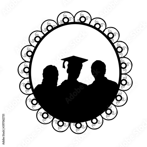 Silhouette in frame young male graduate hugging his parents