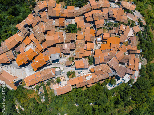 Aerial view of rural village of Capradosso in central Italy Offeio, Petrella Salto, Rieti, Italy (Strada Regionale 578 Cicolana) Old settlements. Top of the mountain. The hinterland of the country. photo