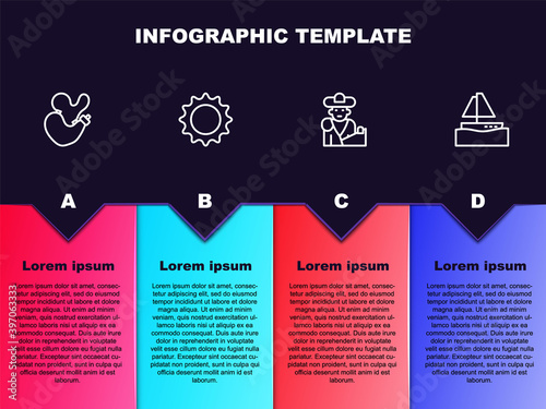 Set line Spanish wineskin, Sun, Bullfight, matador and Yacht sailboat. Business infographic template. Vector.