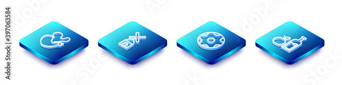 Set Isometric line Spanish wineskin, Windmill, Football ball and Apple cider bottle icon. Vector.