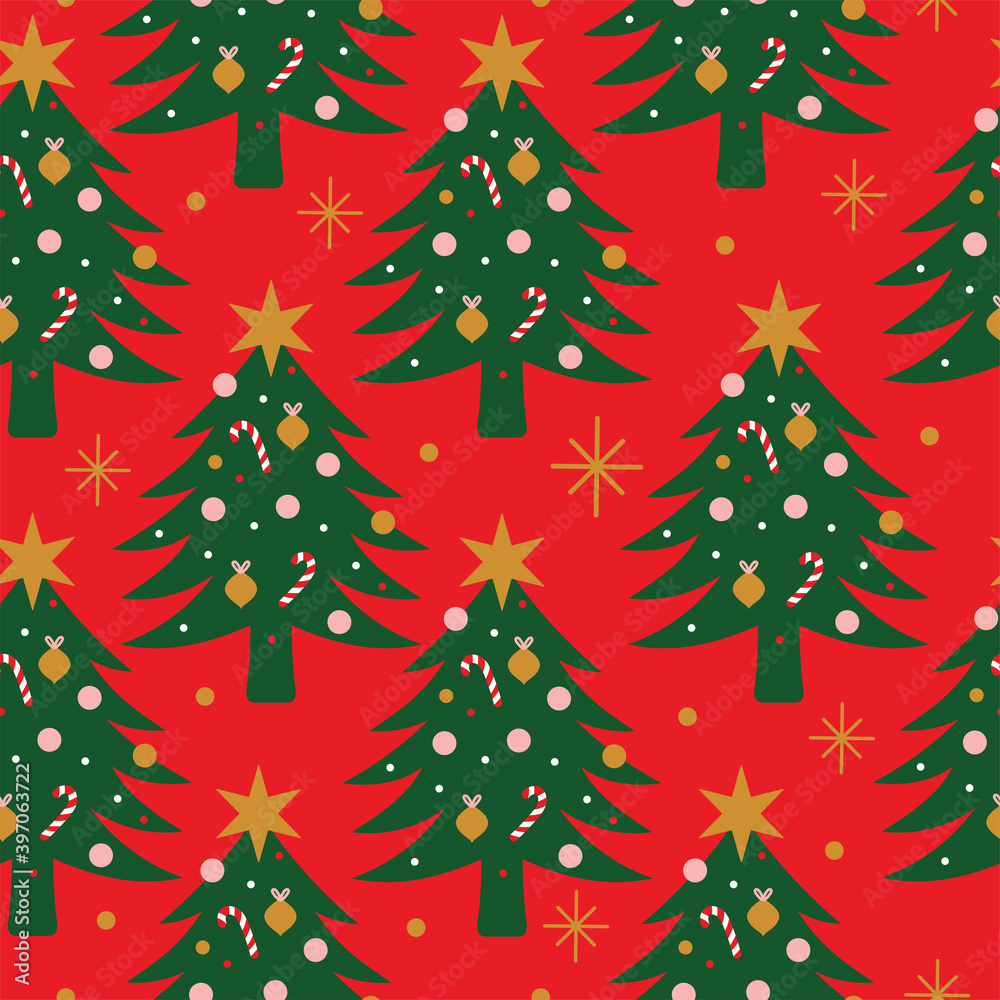 Seamless Christmas Tree Pattern on Red Background in Vector. Seamless Christmas Tree Pattern on Red Background in Vector.