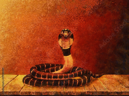Snake on a wooden table. Layers of red and yellow paint. Artistic work on the theme of animals