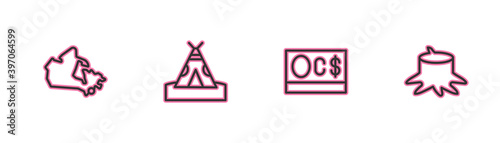 Set line Canada map, Canadian dollar, Indian teepee or wigwam and Tree stump icon. Vector.