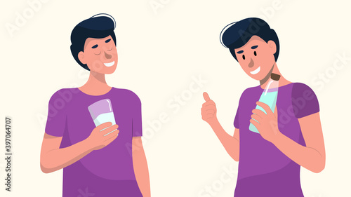 A set of man who are holding a glass and a bottle of water. Water balance concept. Vector hand drawn illustration.