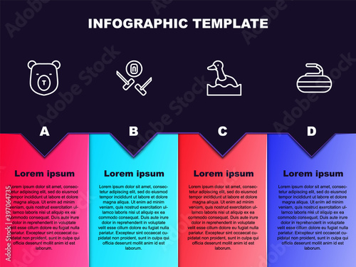 Set line Bear head, Curling sport game, Flying duck and Stone for curling. Business infographic template. Vector.