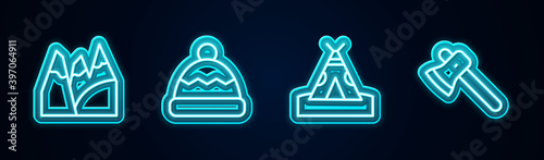 Set line Mountains, Beanie hat, Indian teepee or wigwam and Wooden axe. Glowing neon icon. Vector.
