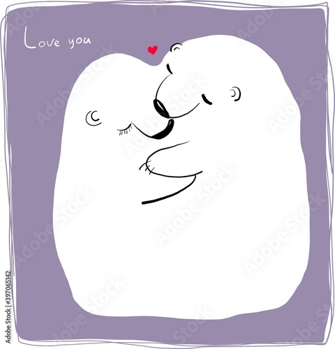 two cute polar bears embracing in love, valentines day illustration, emotional vector drawing