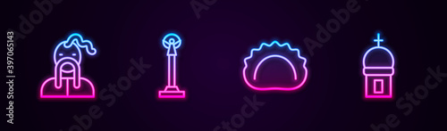 Set line Ukrainian cossack, Monument of Independence, Dumplings and Church tower. Glowing neon icon. Vector.