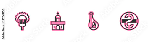 Set line Dumplings on fork, Bandura, Church building and Ukrainian hryvnia icon. Vector.