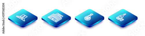Set Isometric line Ukrainian footwear, Hotel Ukraina building, Bandura and Vodka with pepper glass icon. Vector.