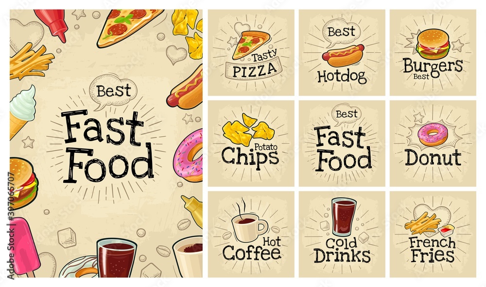 Set fast food and bubble. Vector color flat icon on dark