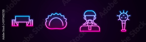 Set line Embroidered towel, Dumplings, Ukrainian cossack and Mace. Glowing neon icon. Vector.