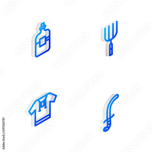 Set Isometric line Garden pitchfork, Bottle of vodka, Embroidered shirt and Medieval sword icon. Vector.