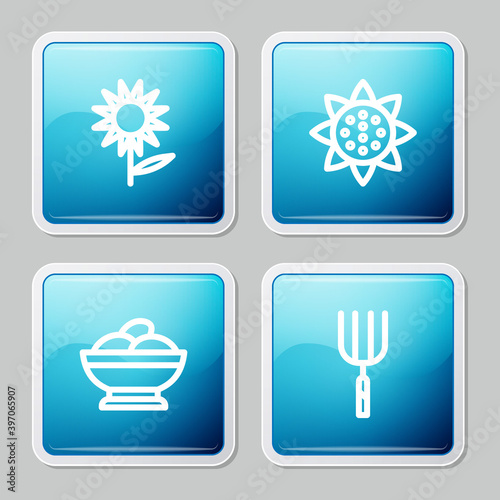 Set line Sunflower, , Varenyky in a bowl and Garden pitchfork icon. Vector.