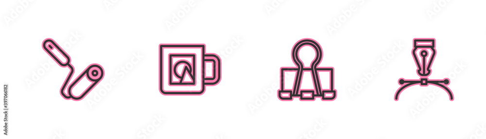 Set line Paint roller brush, Binder clip, Coffee cup and Fountain pen nib icon. Vector. Set line Paint roller brush, Binder clip, Coffee cup and Fountain pen nib icon. Vector.