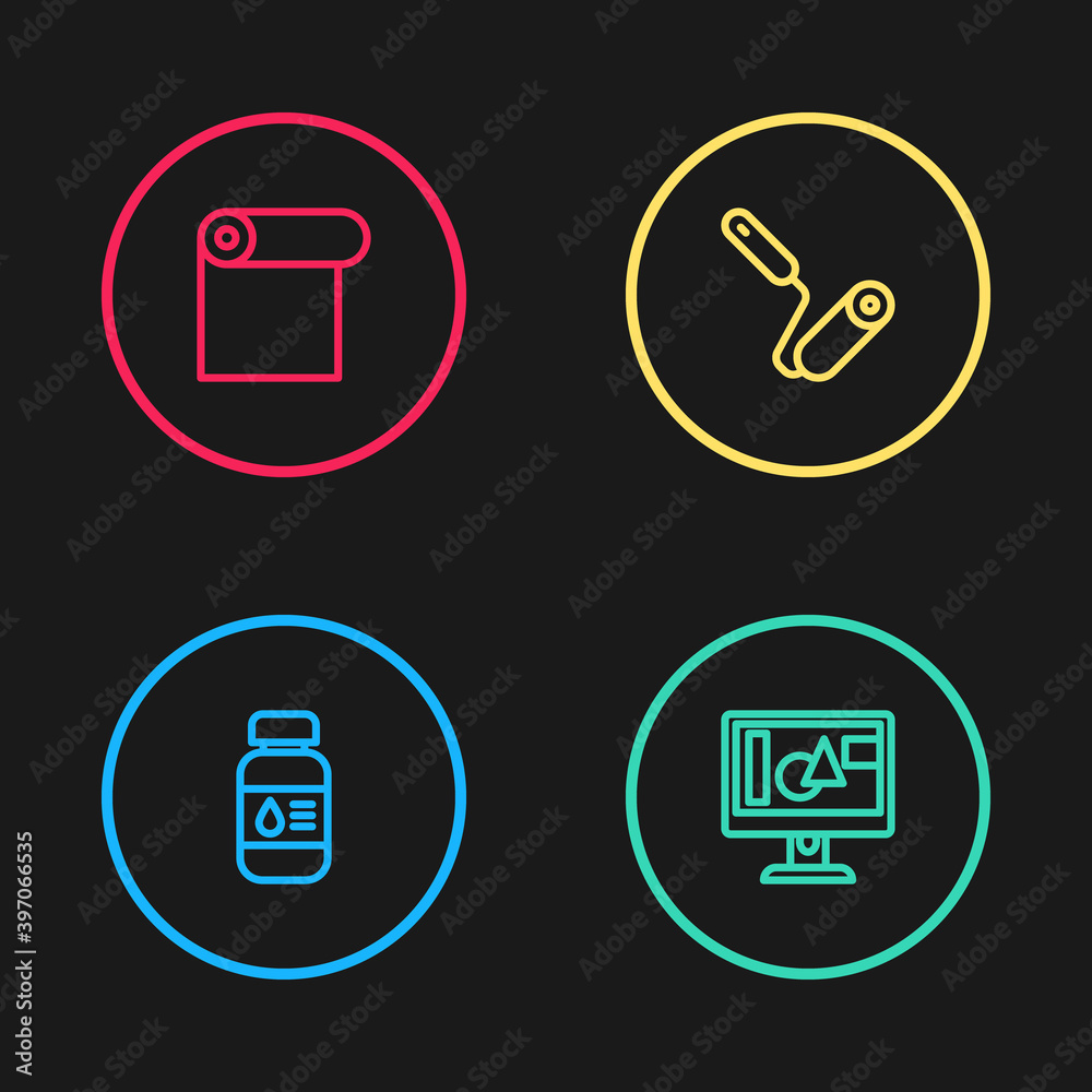 Set line Printer ink bottle, Computer monitor screen, Paint roller brush and Roll of paper icon. Vector. Set line Printer ink bottle, Computer monitor screen, Paint roller brush and Roll of paper icon. Vector.