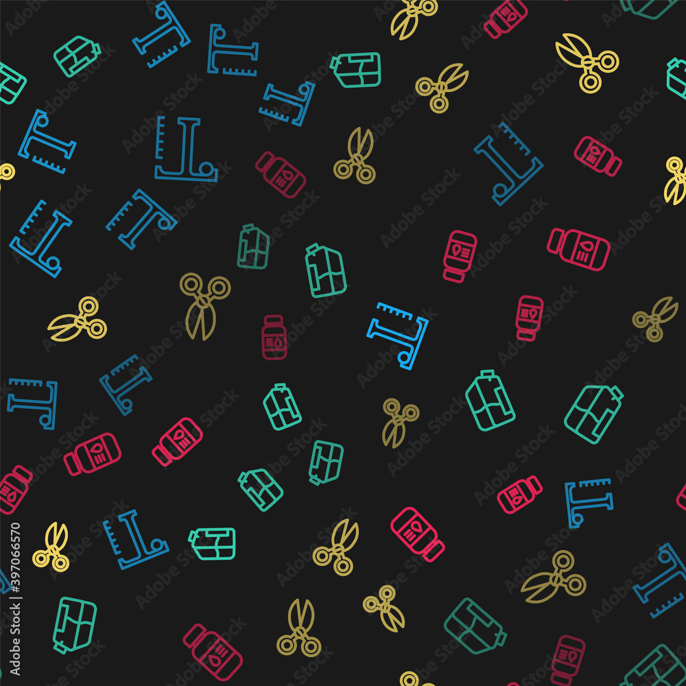 Set line Text, Printer ink bottle, Scissors and on seamless pattern. Vector. Set line Text, Printer ink bottle, Scissors and on seamless pattern. Vector.