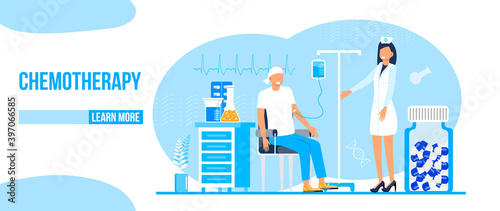 Chemotherapy and oncologist concept vector for app, web, blog. Tiny doctors of oncology treat patient and fight with cancer. Innovation therapy illustration. IV fluids, chemotherapy