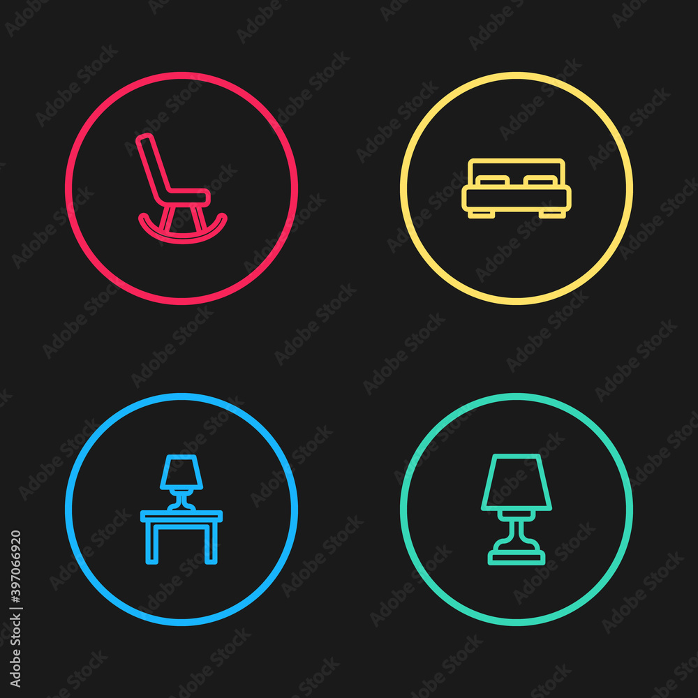 Set line Table lamp on table, , Big bed and Armchair icon. Vector. Set line Table lamp on table, , Big bed and Armchair icon. Vector.