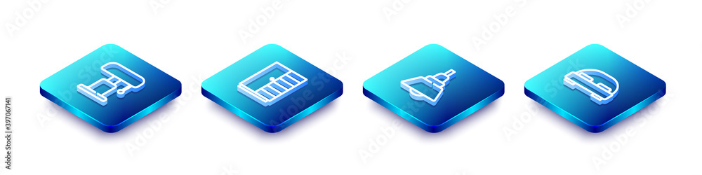 Set Isometric line Table lamp, Wardrobe, Chandelier and Big bed icon. Vector. Set Isometric line Table lamp, Wardrobe, Chandelier and Big bed icon. Vector.