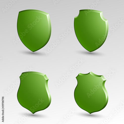 Four Protection shield concept. Safety badge icon. Privacy banner. Security label. Defense tag. Presentation sticker shape. Defense sign. illustration