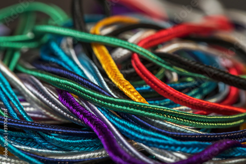 Multicolored braid soutache for needlework close-up.