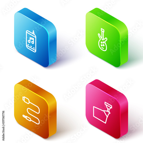 Set Isometric line Music player, Electric bass guitar, Audio jack and Movie spotlight icon. Vector.