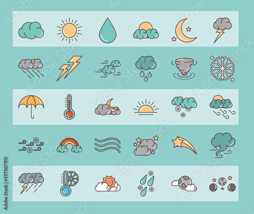 weather icons contains of the sun clouds snowflakes wind rainbow, moon and more
