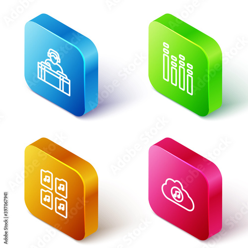 Set Isometric line DJ playing music, Music equalizer, file document and streaming service icon. Vector.