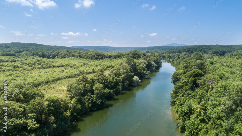Aerial view of river and beautiful forest. Veleka River in Bulgaria