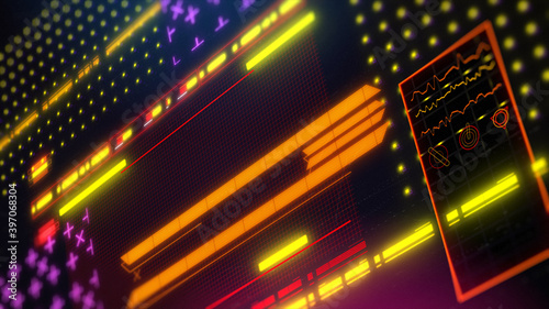 Futuristic cyberpunk background 3d illustration. Neon computer screen