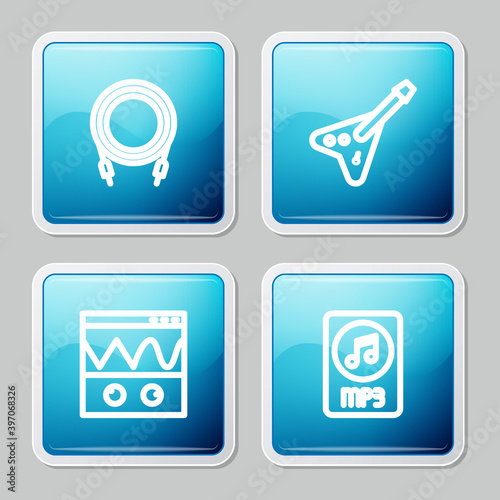 Set line Audio jack, Electric bass guitar, Oscilloscope and MP3 file document icon. Vector.