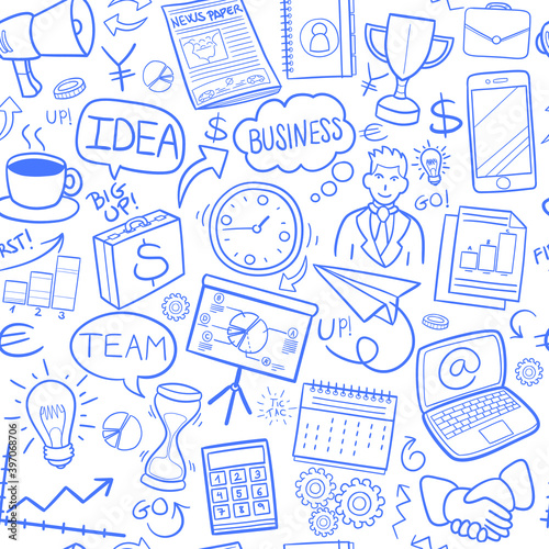 Business and Finances Pattern. Seamless Icons Background. Wrap Papper Doodle Drawn Sketch Hand Made Design Vector Illustration.