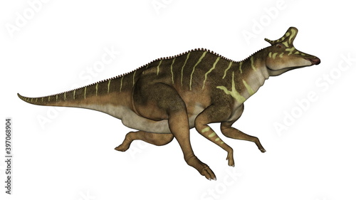 Lambeosaurus dinosaur running isolated in white background - 3D render photo