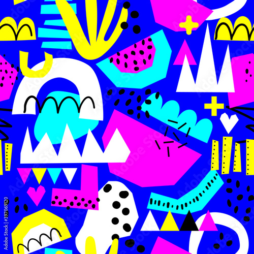 Contemporary art geometric shapes seamless pattern. Brush, marker, paper cut Vector collage illustration background. Memphis, 90s, 80s retro style. Bright Neon colors blue, black, pink, blue, yellow