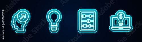 Set line Head hunting concept, Light bulb with of idea, Abacus and dollar laptop. Glowing neon icon. Vector.