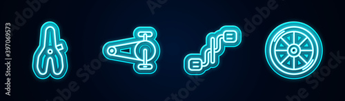 Set line Bicycle seat, chain with gear, pedals and wheel. Glowing neon icon. Vector.