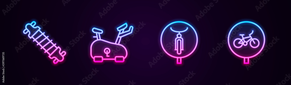 Set line Bicycle suspension, Stationary bicycle, and . Glowing neon icon. Vector. Set line Bicycle suspension, Stationary bicycle, and . Glowing neon icon. Vector.