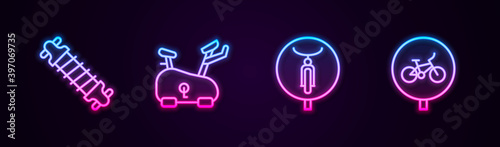 Set line Bicycle suspension, Stationary bicycle, and . Glowing neon icon. Vector.